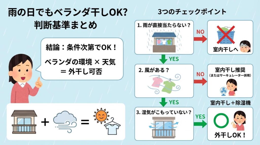 ベランダで雨の日でも干せる条件と結論