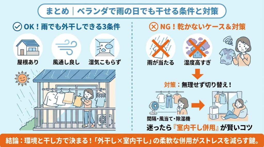 まとめ|ベランダで雨の日でも干せる条件と対策