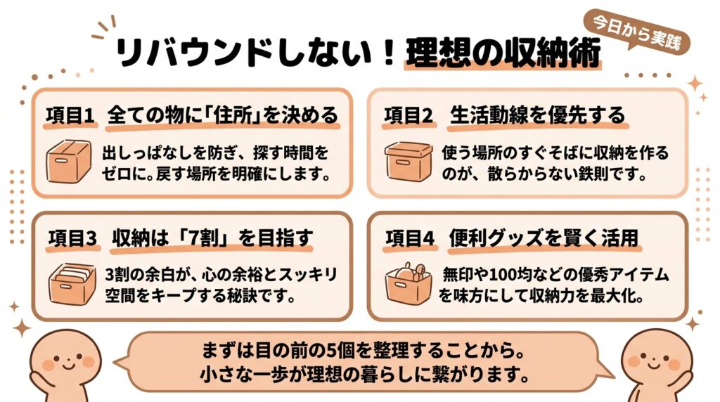まとめ：収納アイデアを活用して部屋を整えよう