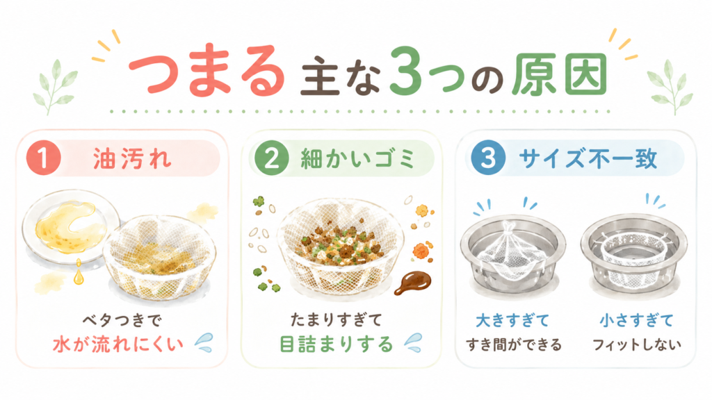 排水口で不織布フィルターがつまる主な3つの原因