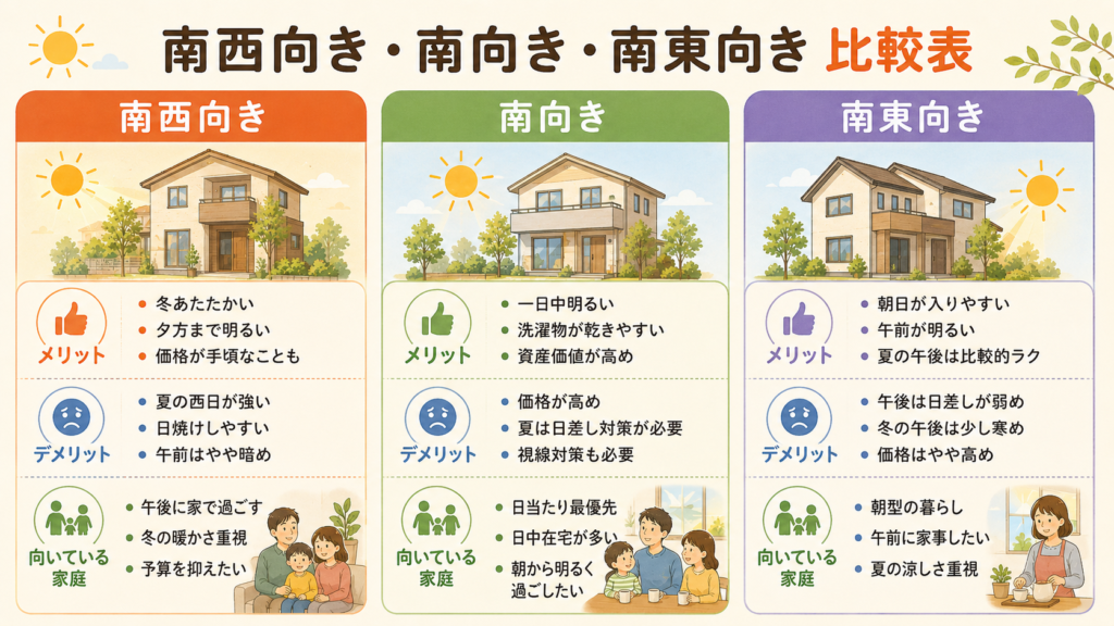【比較表】南西向きと他の主要な方角との違い