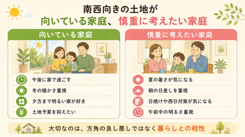 南西向きの土地が向いている家庭、慎重に考えたい家庭