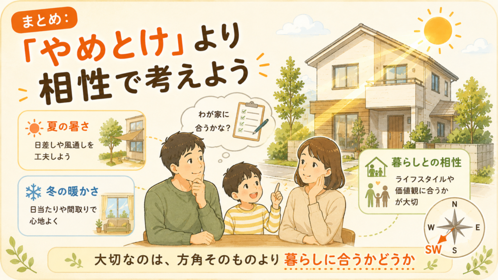 まとめ：南西向きの土地は「やめとけ」ではなく、暮らし方との相性で考えよう