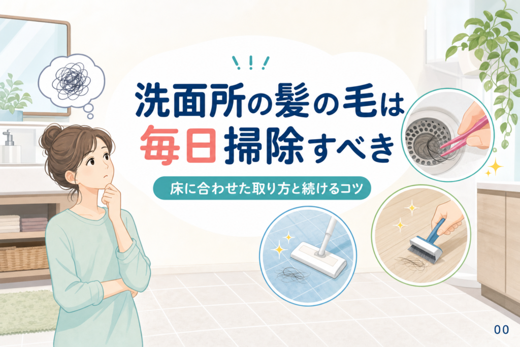 洗面所の髪の毛掃除をラクにする道具と続く仕組みづくり｜案2：洗面所の髪の毛は毎日掃除すべき？床別の取り方と頻度｜案3：洗面所の髪の毛掃除は3か所に分けると家族で続けやすい