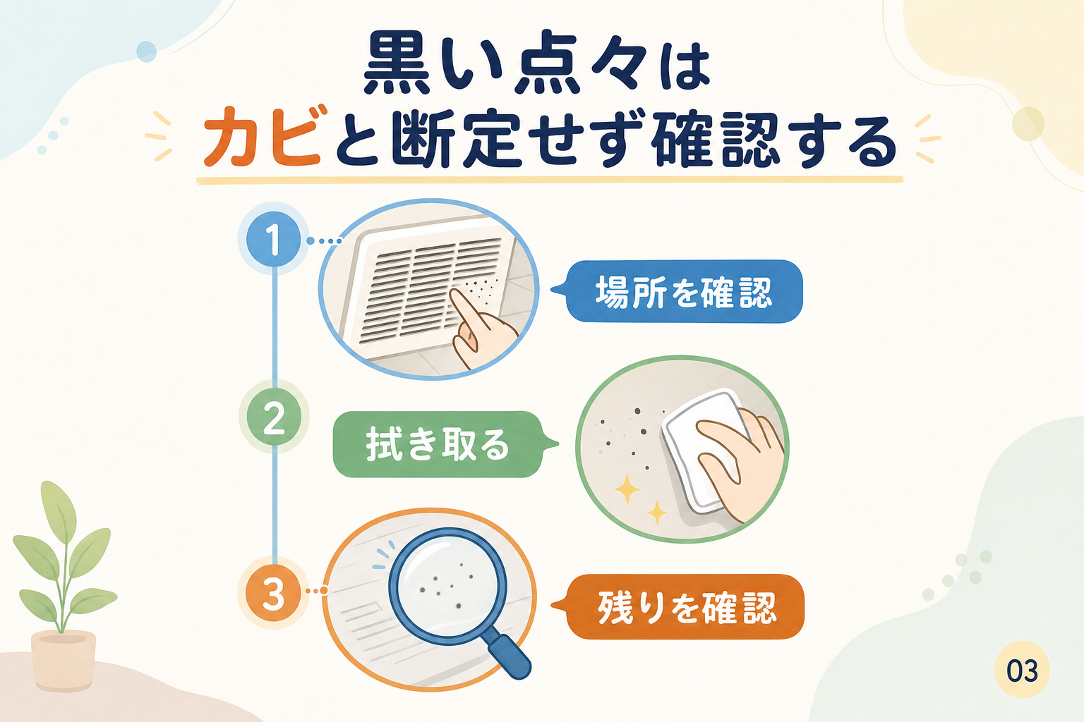 黒い点々はカビと断定せず確認する