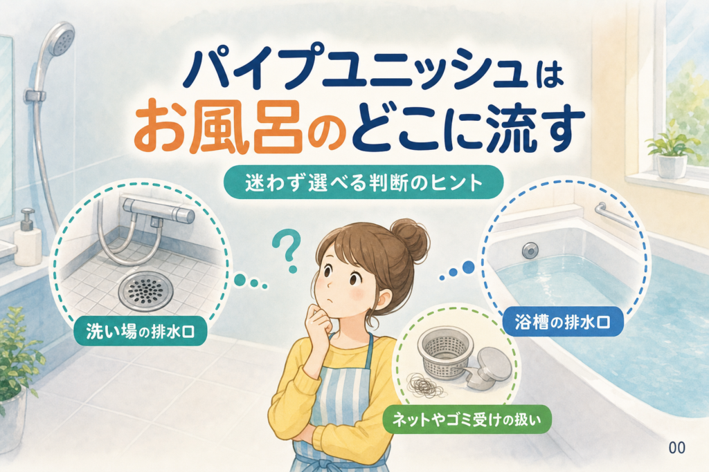 案1 / パイプユニッシュはお風呂のどこに流す？洗い場と浴槽の判断法 / 案2 / お風呂のパイプユニッシュはどこに？ネットやゴミ受けの扱いも解説 / 案3 / パイプユニッシュをお風呂で安全に使う3つの判断ポイント