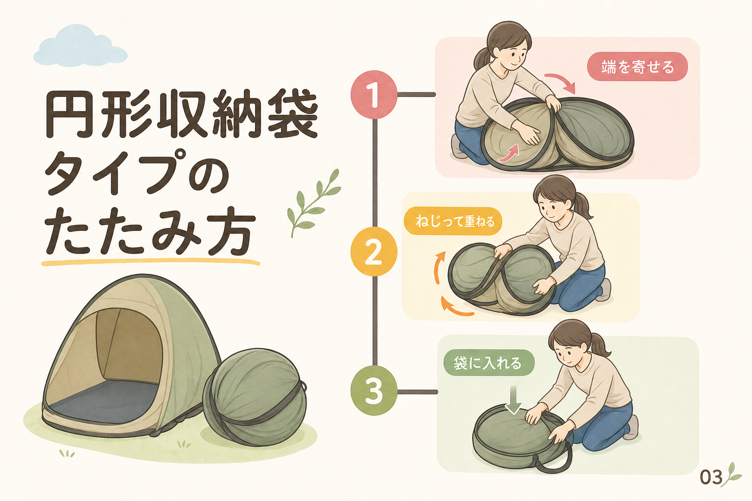 円形収納袋タイプのたたみ方