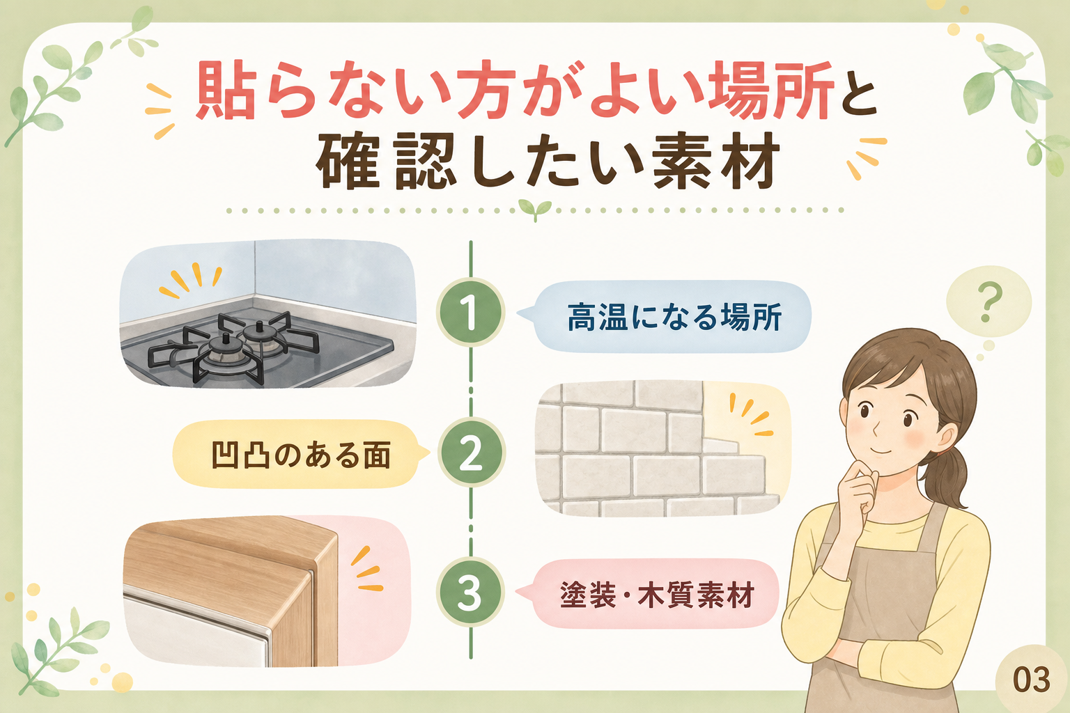 貼らない方がよい場所と確認したい素材