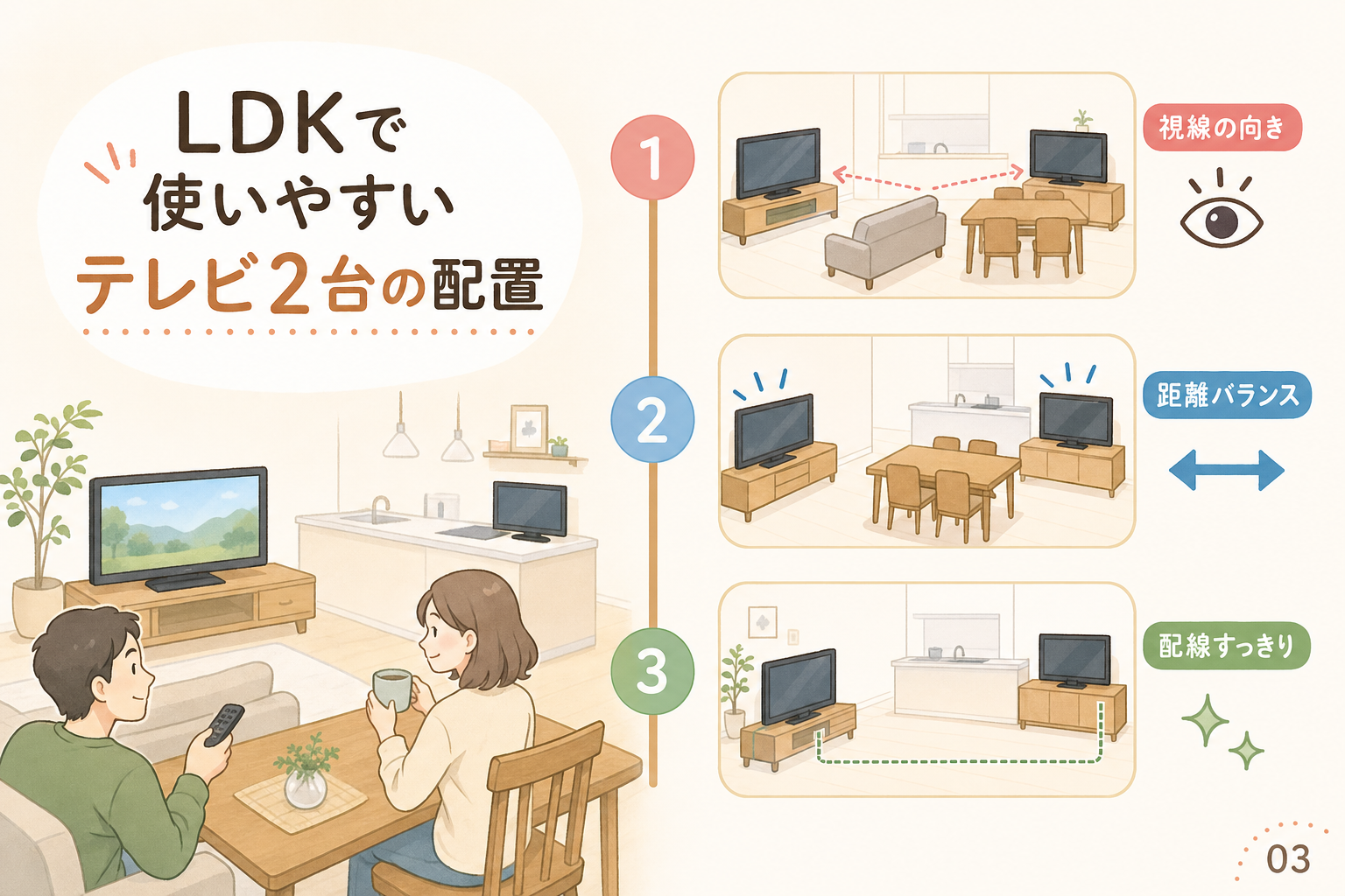 LDKで使いやすいテレビ2台の配置