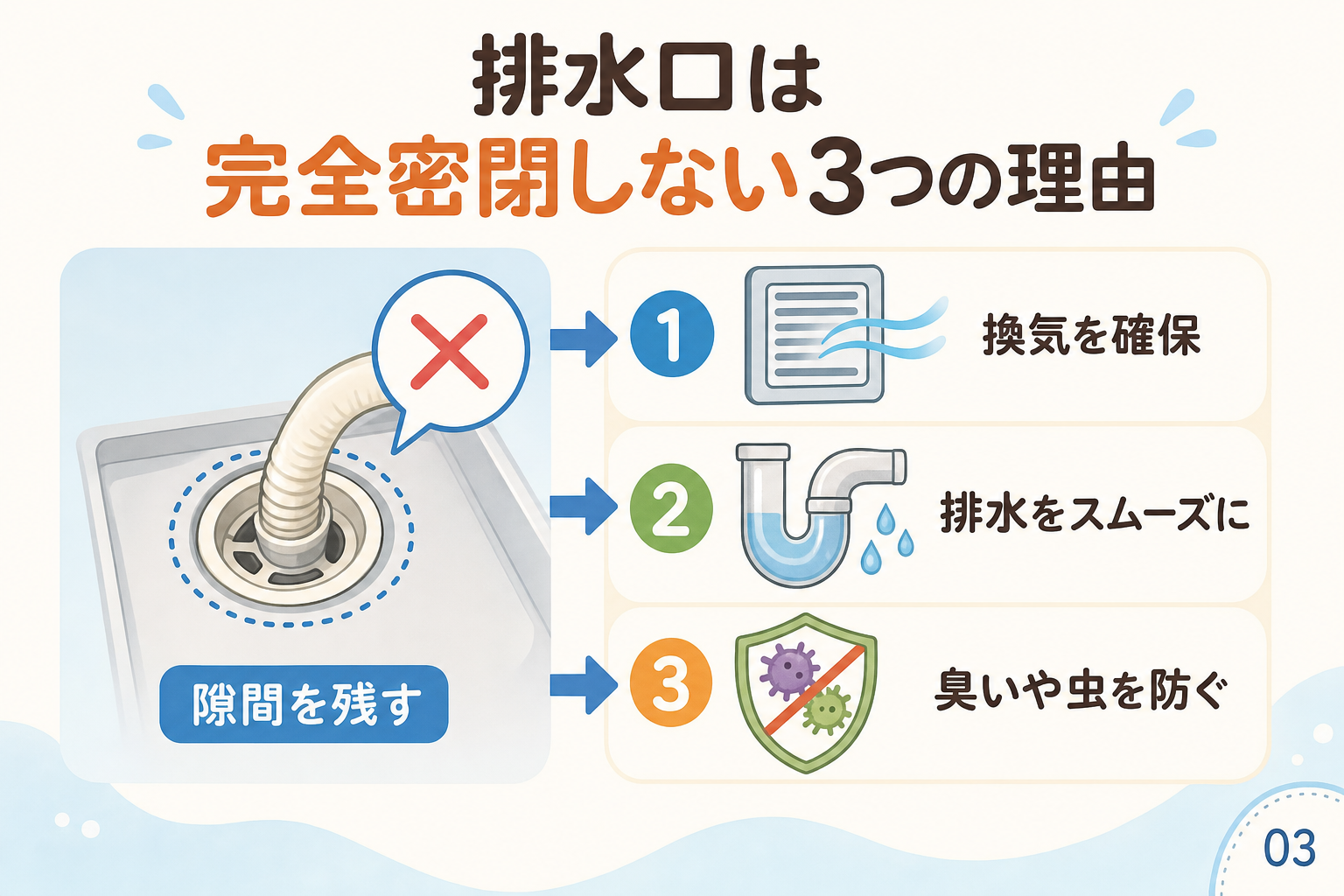 排水口は完全密閉しない3つの理由