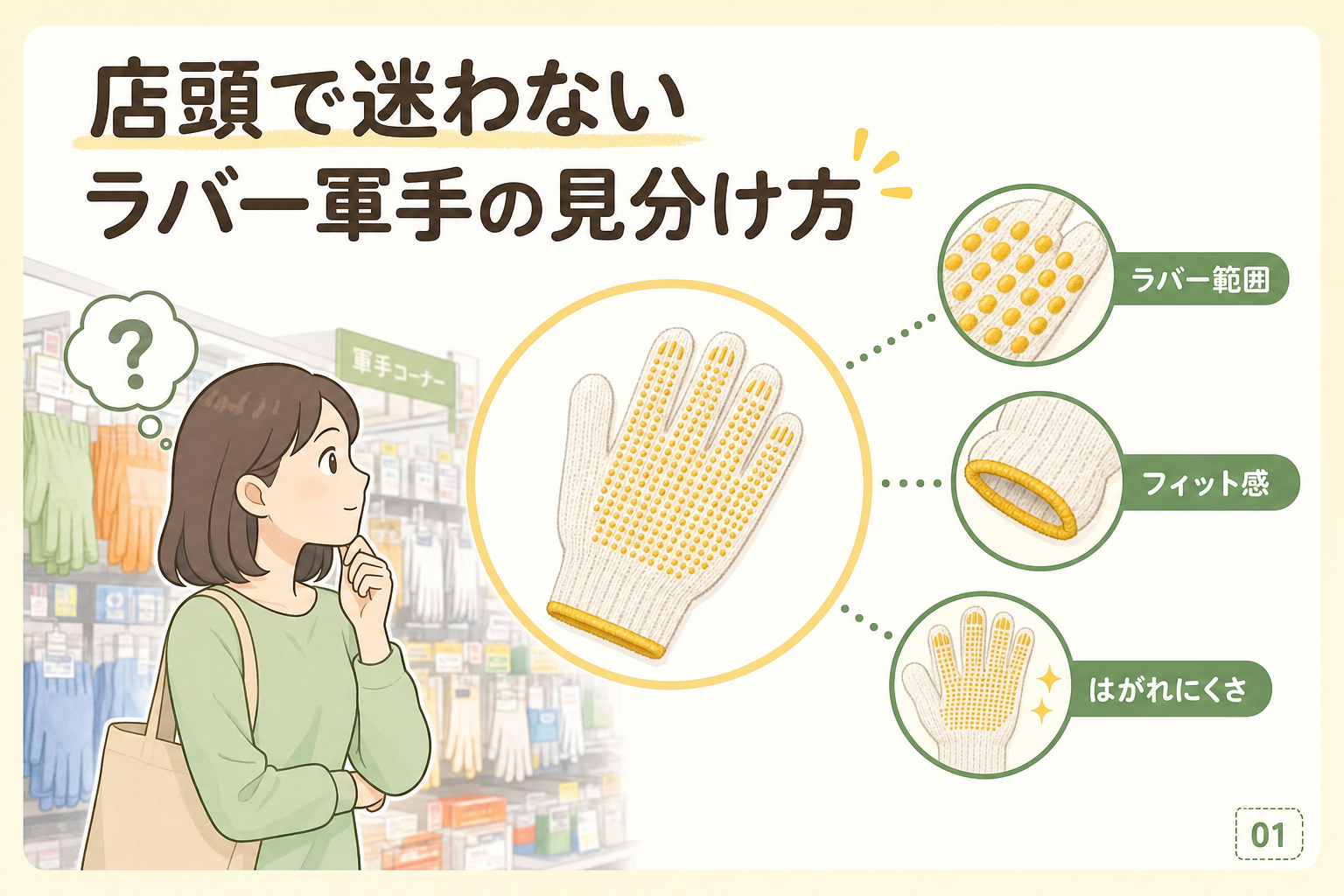 店頭で迷わないラバー軍手の見分け方