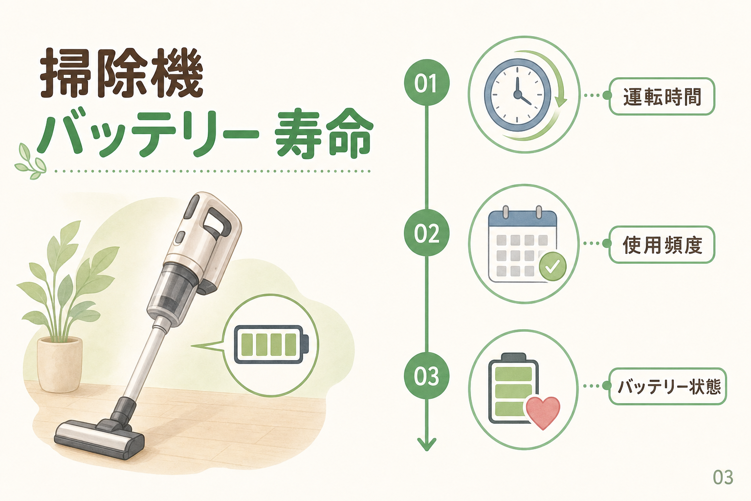 掃除機バッテリー寿命は年数より運転時間で見る