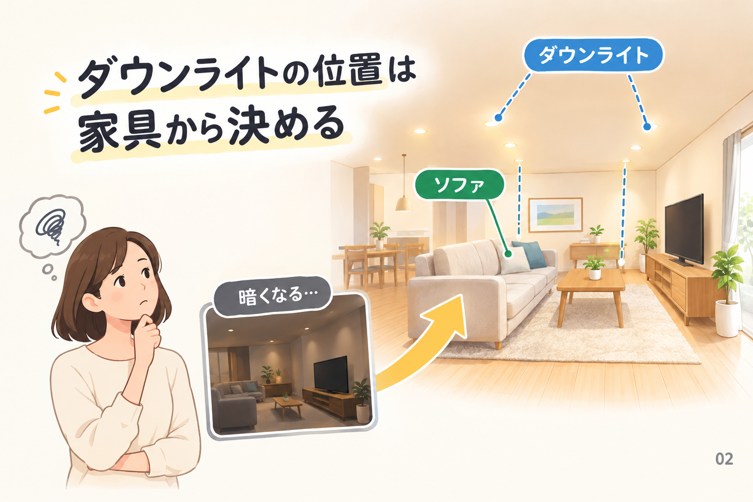ダウンライトの位置は家具から決める