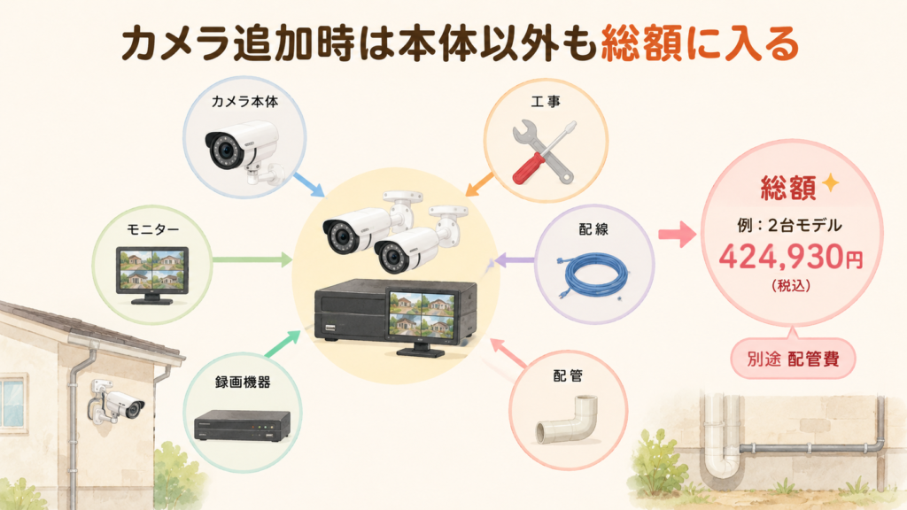 セコム・ホームカメラシステムの費用内訳の図解。カメラ本体・モニター・録画機器・工事・配線・配管を合わせた2台モデルの総額424,930円(税込)、配管費は別途